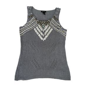 BCBGMAXAZRIA Beaded Sequin Metallic Knit Tank Top | Silver Gray Boho Glam NYE L